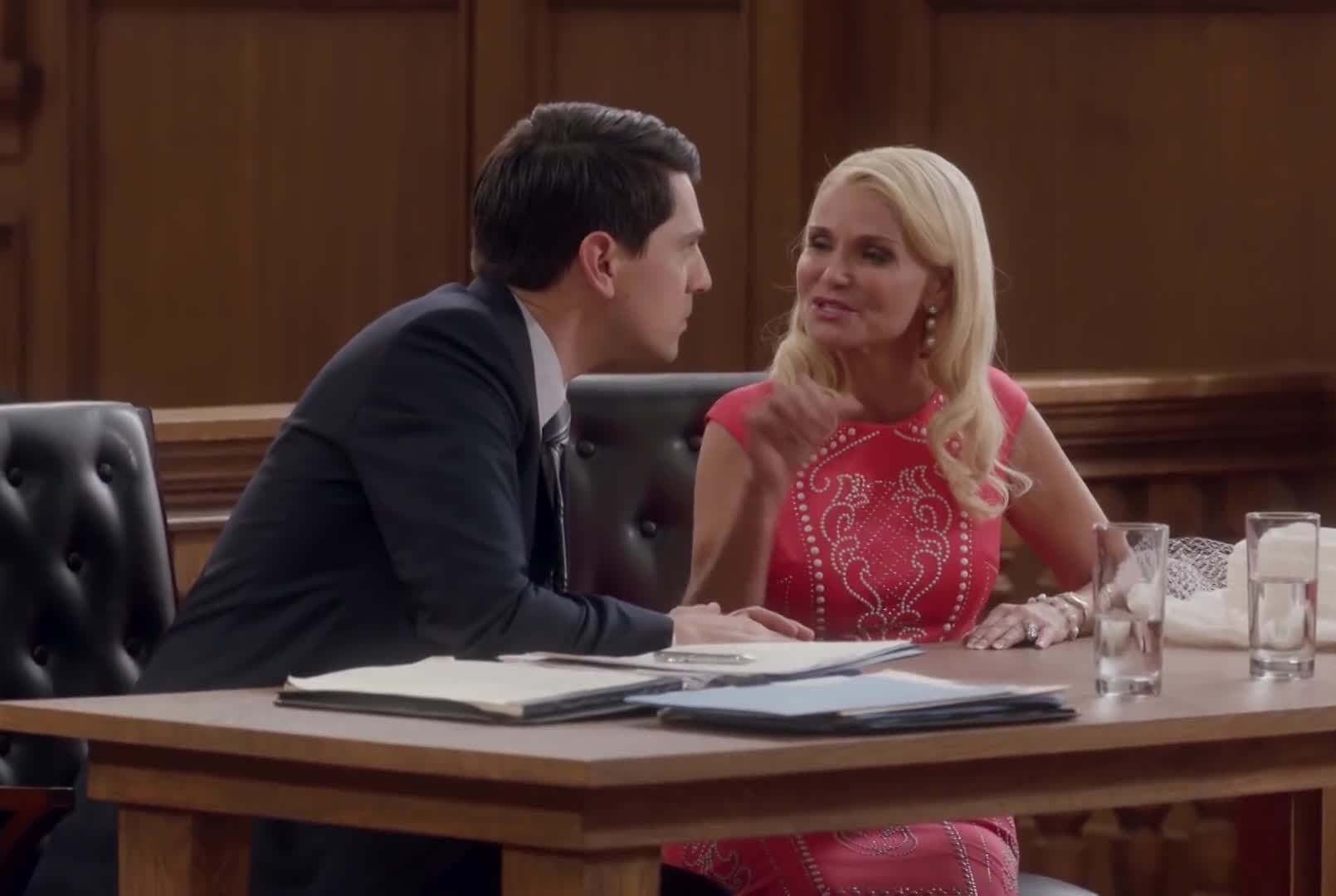 Lavinia and Josh chat during a court scene in &quot;Trial and Error&quot;