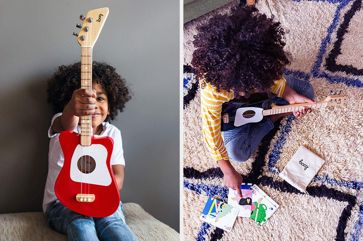 Split image of child model holding a red, three-string guitar and playing a black guitar with note codes scattered about