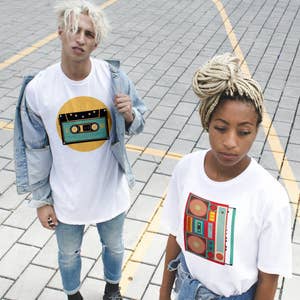Two models wearing cutom t-shirts