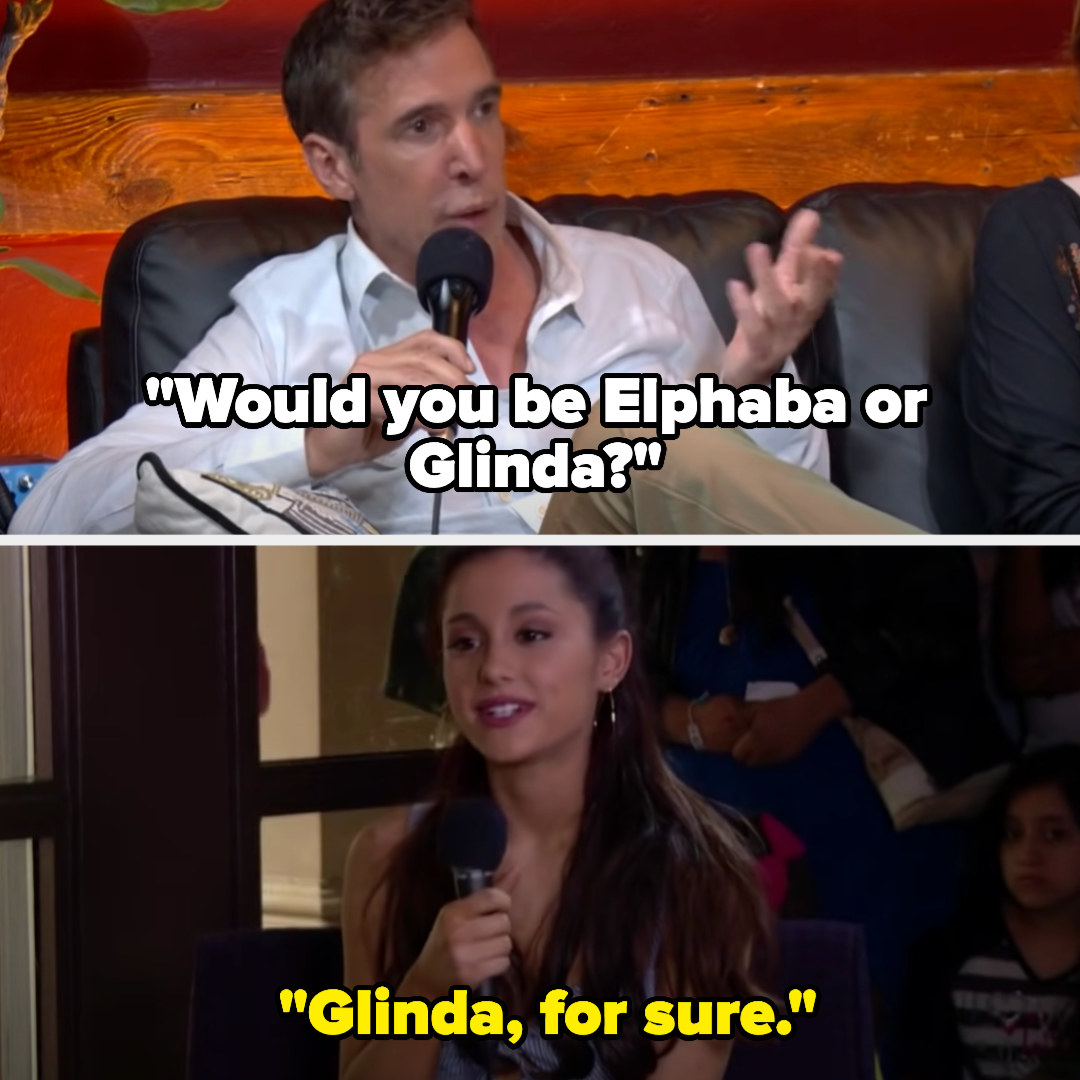 an interviewer asks if Ariana would play Elphaba or Glinda and Ariana says Glinda