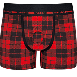 Red and black buffalo check boxers with O-ring