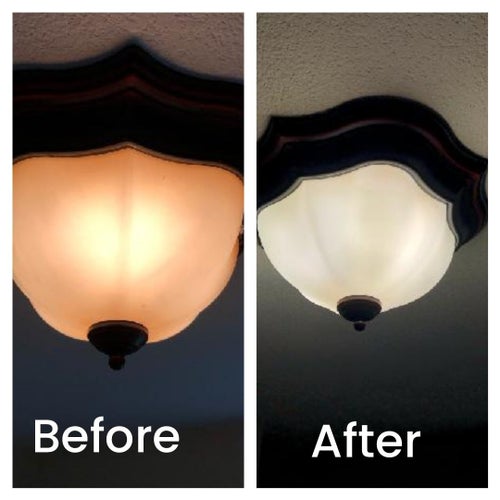 before and after images of an orange-stained light fixture becoming clean and white
