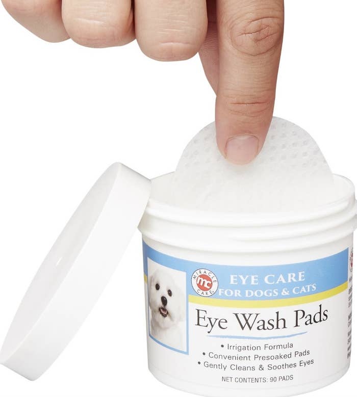 Model holding eyewash pad from white container