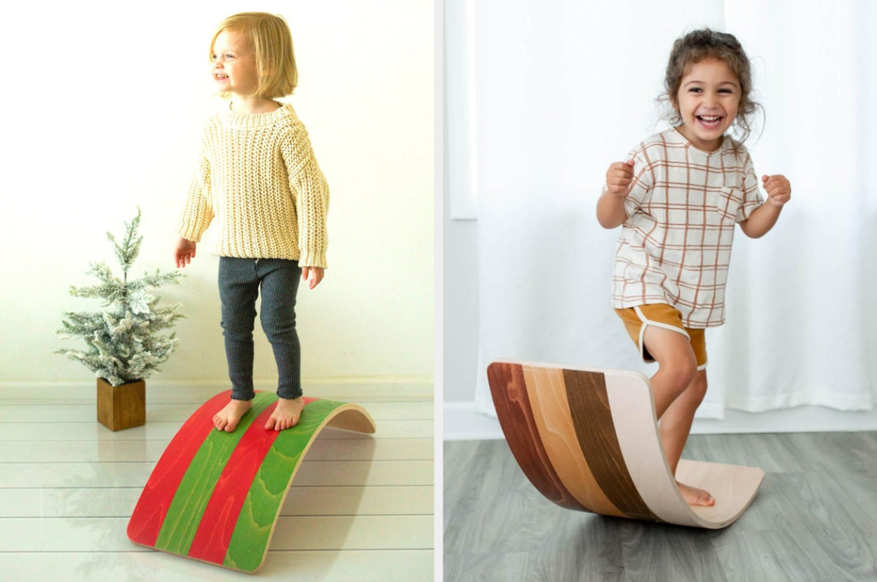 Split image of children standing in a a red/green and multiple shades of brown board