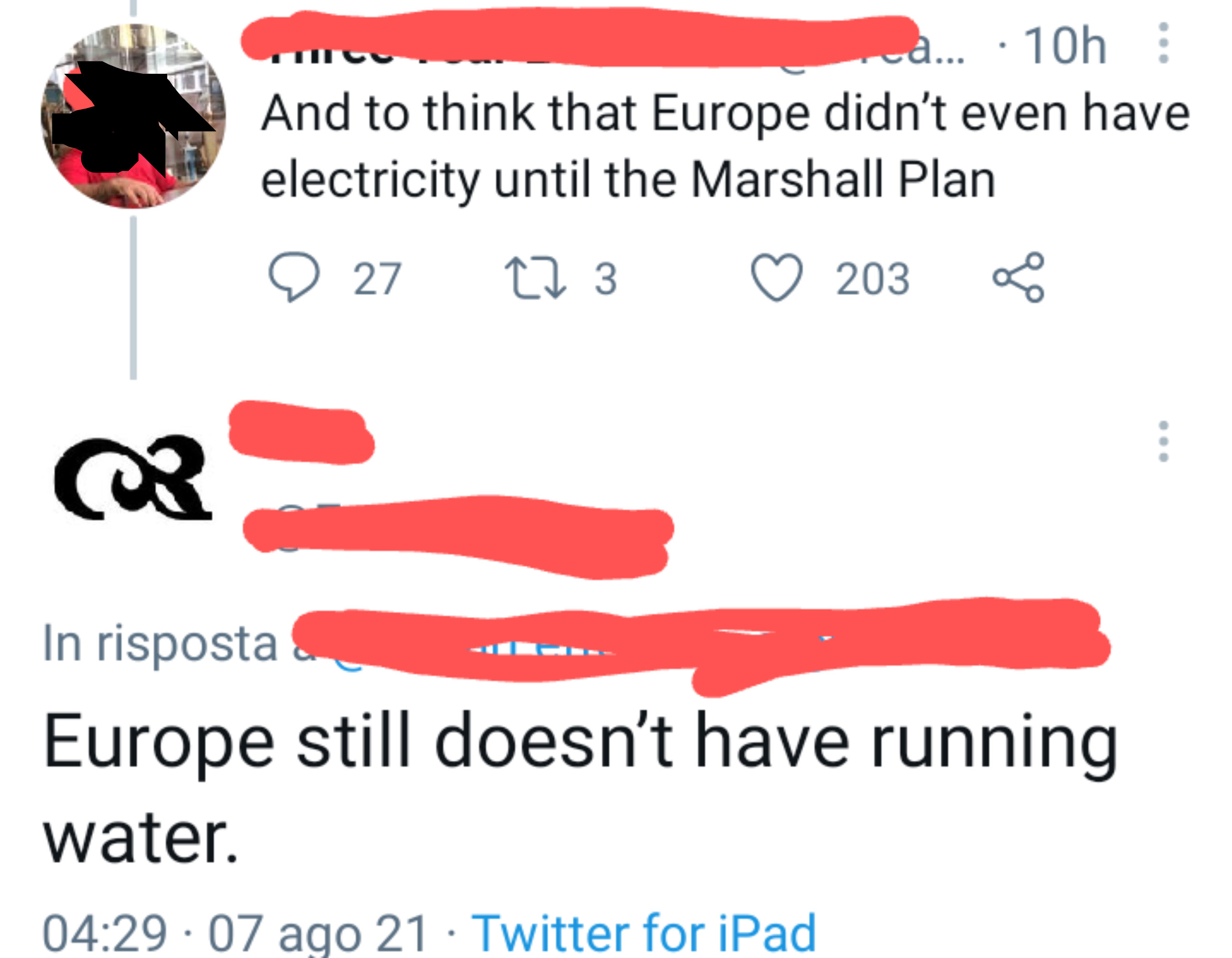person who does not think europe has running water