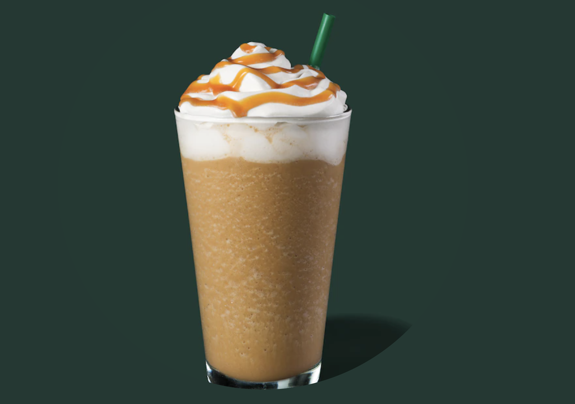 Blended coffee drink with whipped cream and caramel drizzle