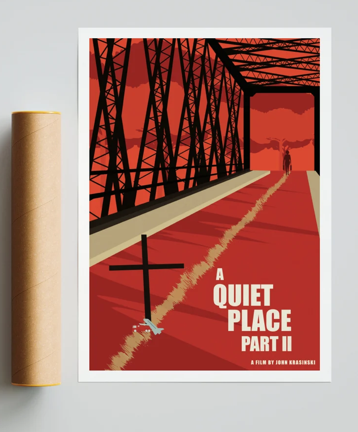 A poster with a minimal print showing a person walking over a rail bridge and a cross in the foreground and the text a quiet place part II