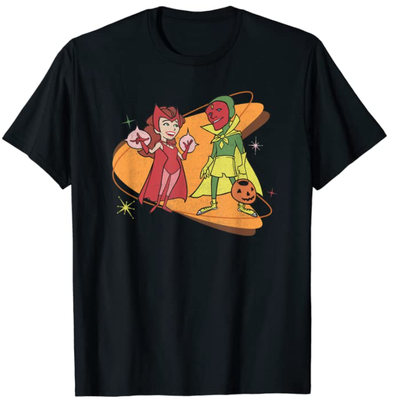 A black t shirt with a cartoon print of wanda and vision in their retro halloween costumes