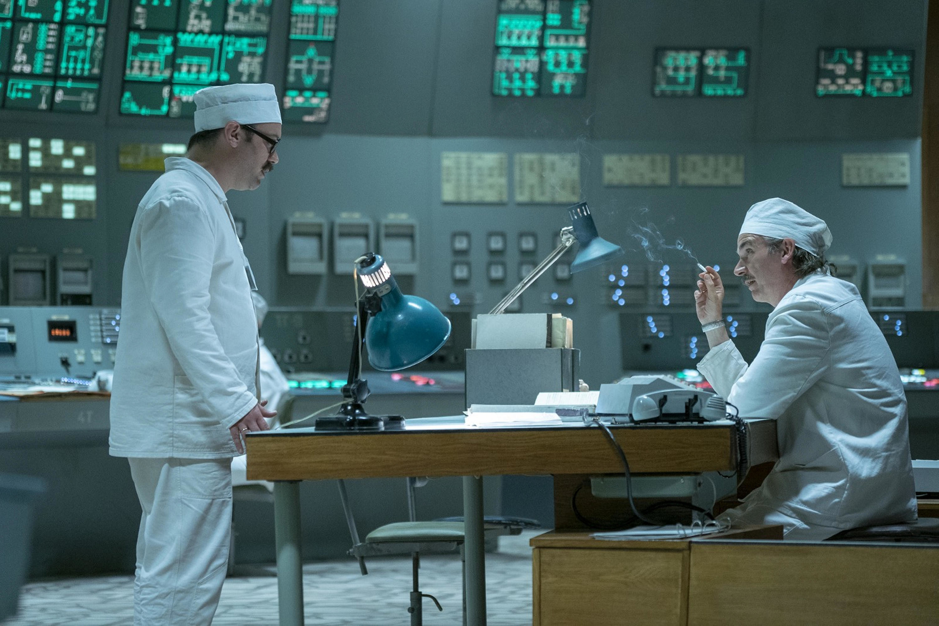 A still from &quot;Chernobyl&quot; with two scientists in a lab together