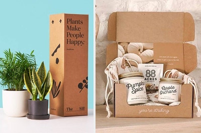 L: a tall box that says "plants make people happy" next to two potted plants, R: an open box filled with candles 