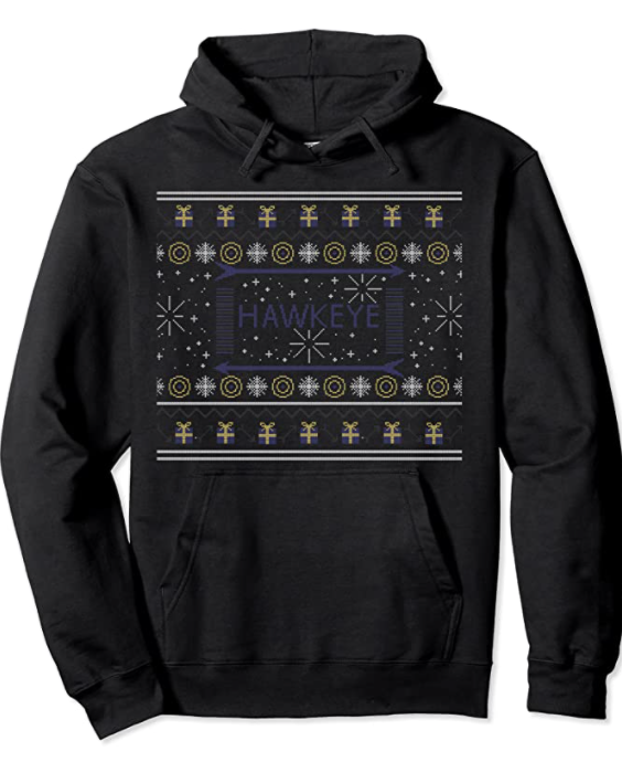 A black hoodie with a christmas-y print featuring arrows, presents, targets, snowflakes, and says Hawkeye in hte middle