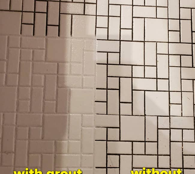 a reviewer's tile floor with a portion looking cleaner than the rest thanks to the grout pen