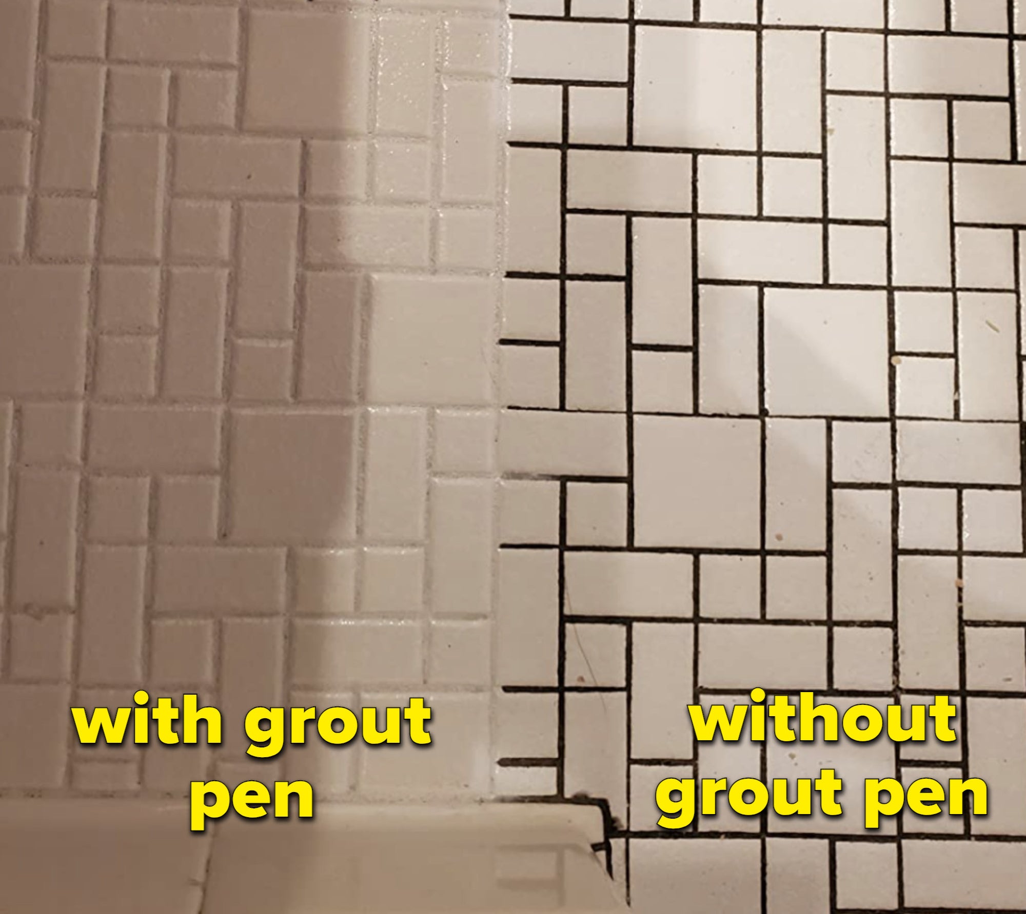 a reviewer&#x27;s tile floor with a portion looking cleaner than the rest thanks to the grout pen
