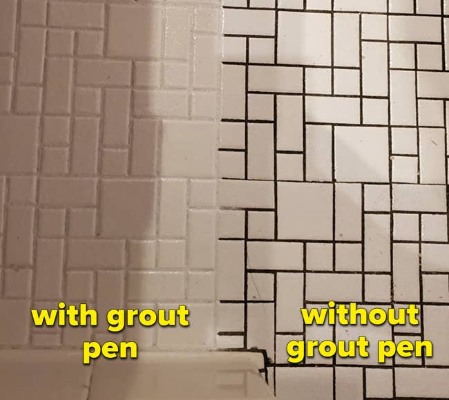 a reviewer's tile floor with a portion looking cleaner than the rest thanks to the grout pen
