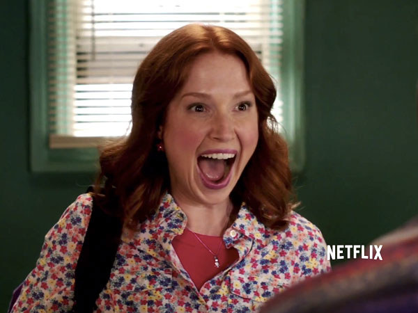 Kimmy from &quot;Unbreakable Kimmy Schmidt&quot; opens her mouth in excitement