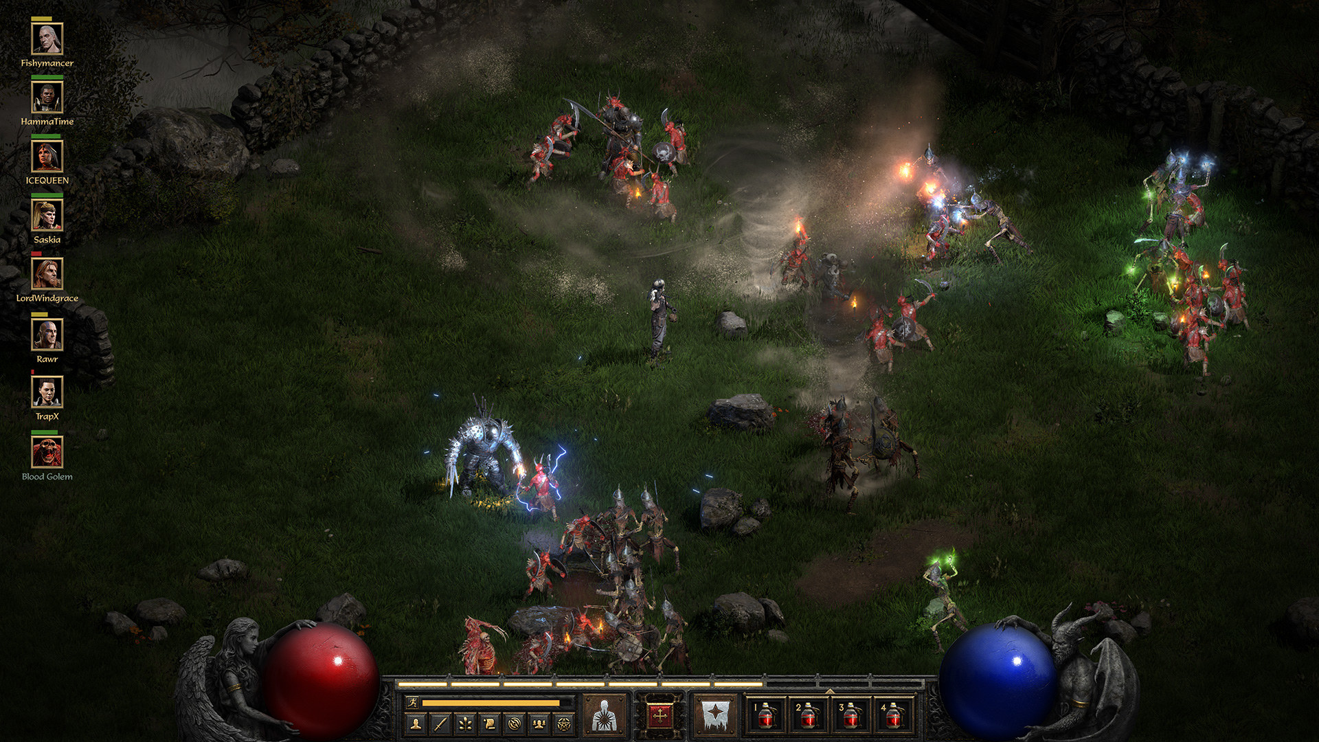 Diablo II screenshot of many characters batting on screen