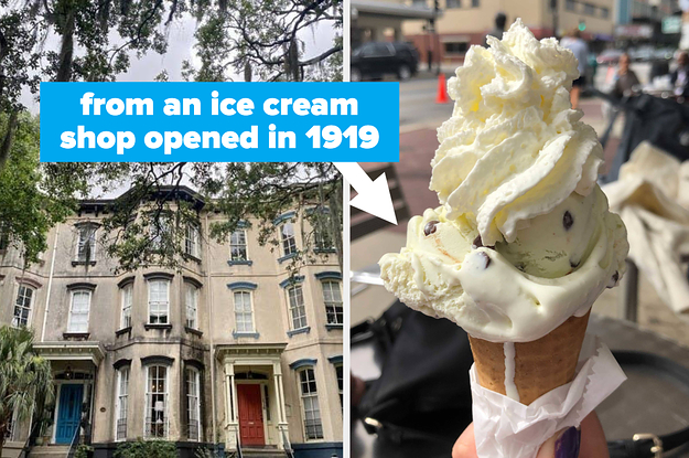 on left an old savannah building and on right a hand holding an ice cream cone