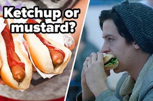 "Ketchup or  mustard?" is written on the left with Jughead bitting into a burger on the right
