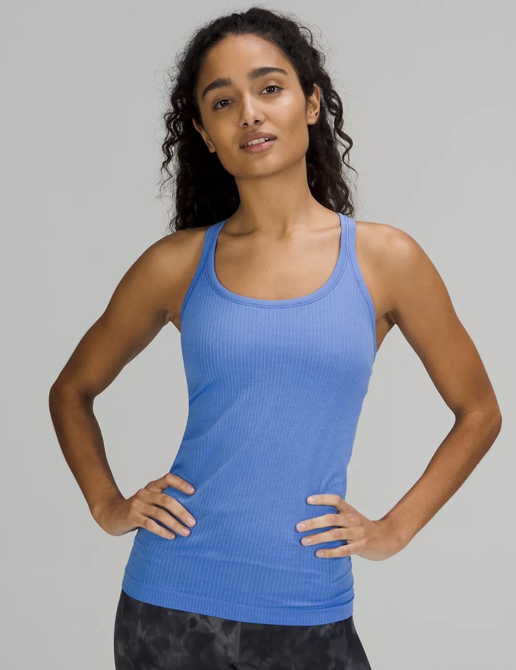 front view of model wearing the tank top in blue