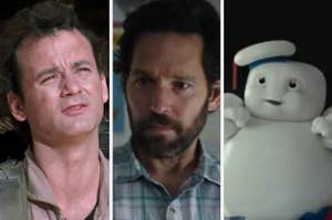 Venkman in "Ghostbusters"/Grooberman in "Ghostbusters: Afterlife"/The mini Stay Puft Marshmallow Man in "Ghostbusters: Afterlife"