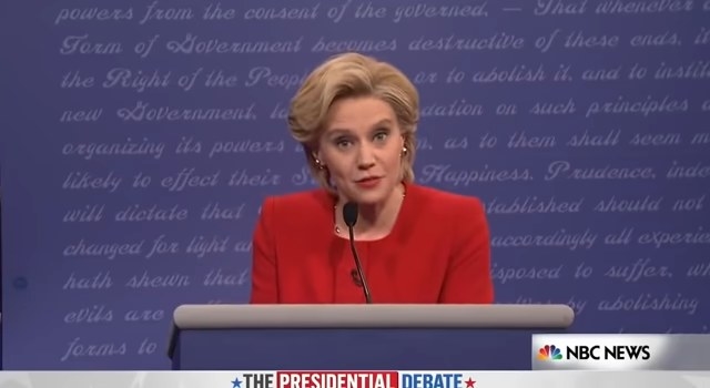 Kate McKinnon as Hillary Clinton behind a podium in &quot;Saturday Night Live&quot;