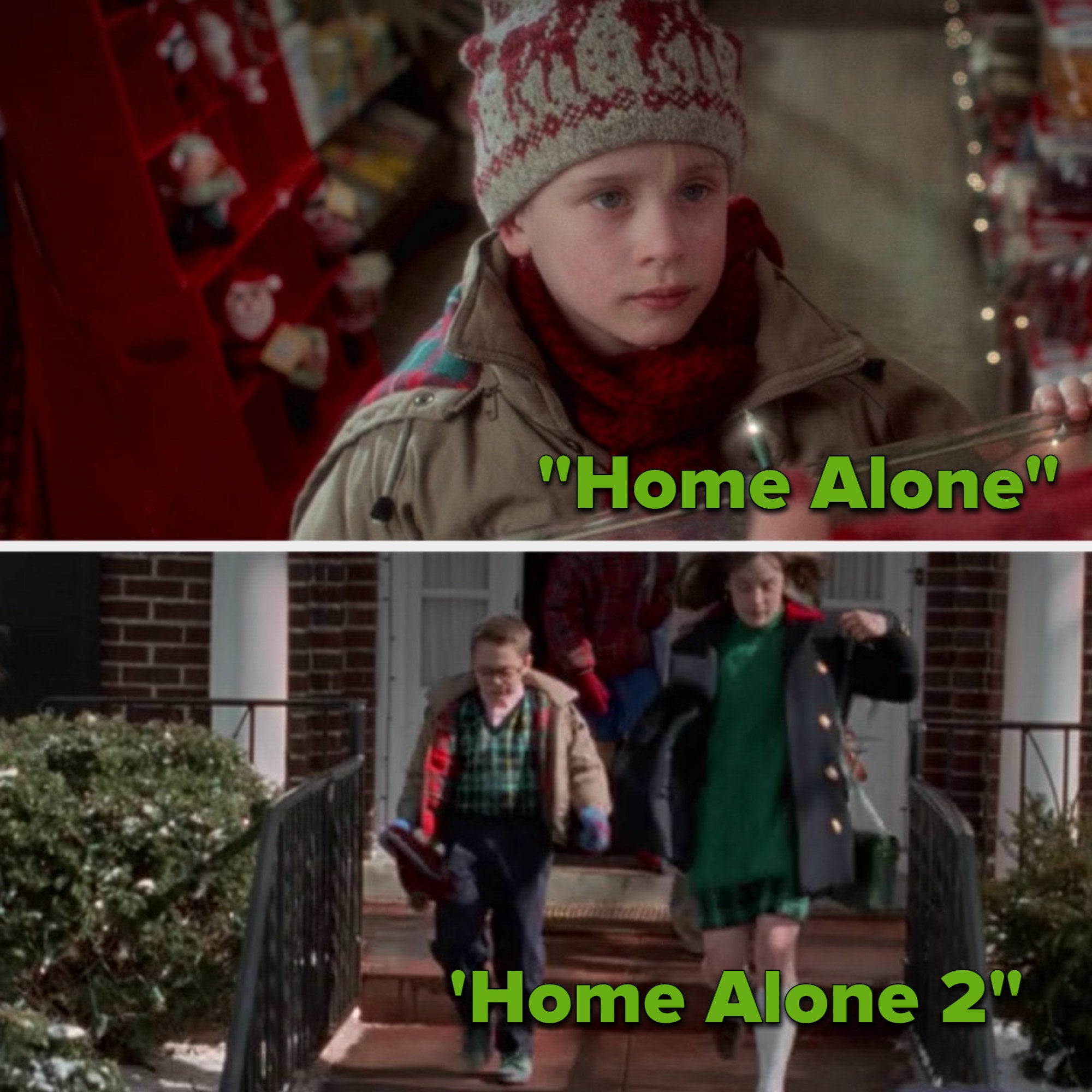 Kevin wearing a jacket in "Home Alone" and Fuller wearing the same jacket in "Home Alone 2"