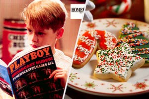 Kevin McCallister holds a PlayBoy magazine and a plate of frosted cookies shaped like a candy cane, star, and Christmas tree