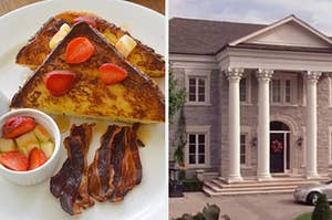 A plate of French toast with a side of bacon and a close up of a mansion with columns