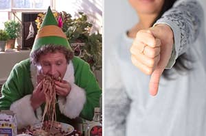 On the left, Buddy the Elf eating breakfast spaghetti, and on the right, someone giving a thumbs down