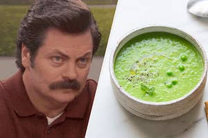 A close up of Ron Swanson frowning and an overhead shot of a bowl of pea soup
