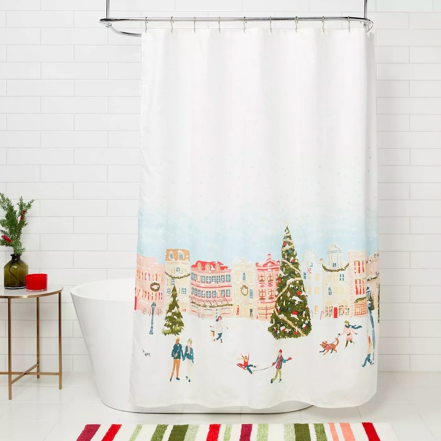 Shower curtain shown in a bathroom
