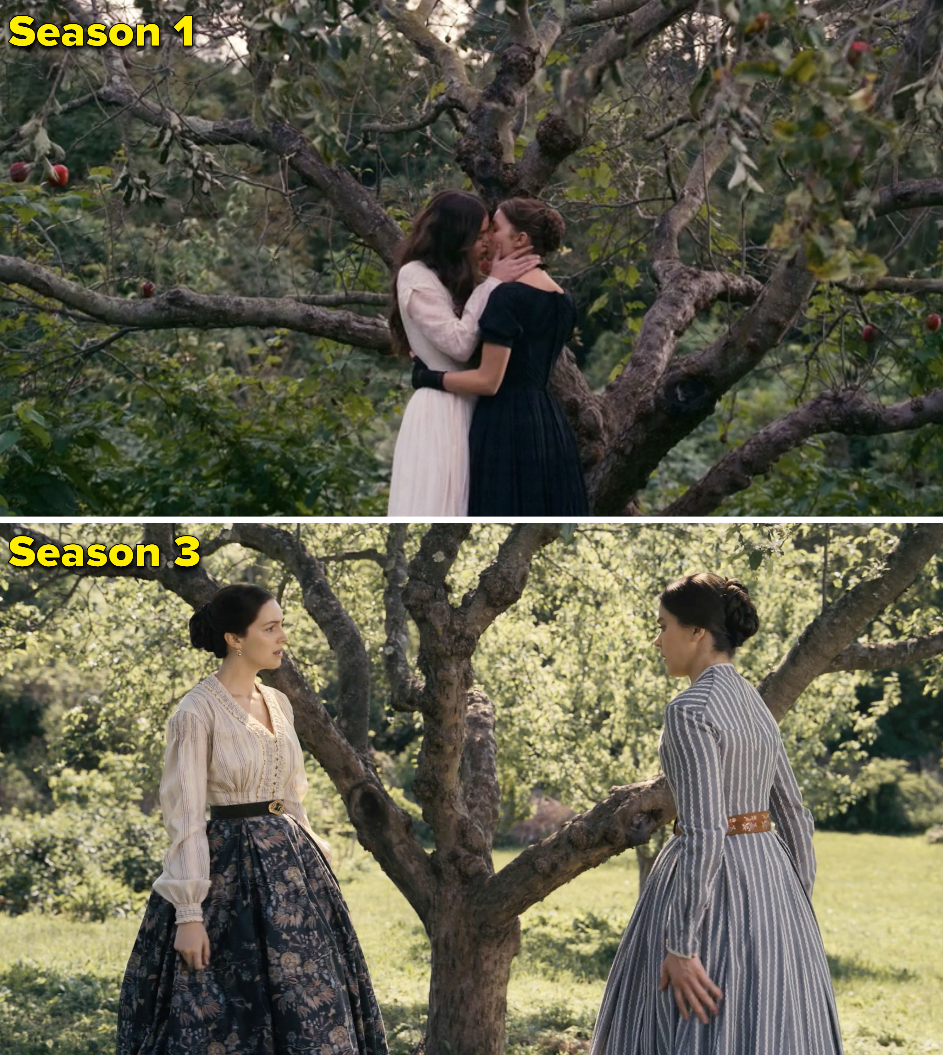 Emily and Sue in the orchard in Season 1 vs Season 3