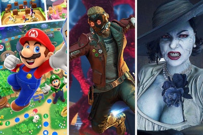 screenshots from mario party, guardians of the galaxy, and resident evil