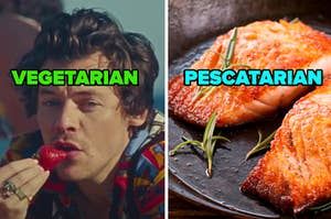 Harry Styles is labeled "VEGETARIAN" and is eating a strawberry with grilled salmon on the right labeled, " PESCATARIAN"