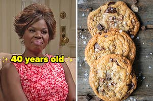 On the left, Leslie Jones with a Karen haircut on SNL labeled 40 years old, and on the right, some chocolate chip cookies topped with flaky sea salt