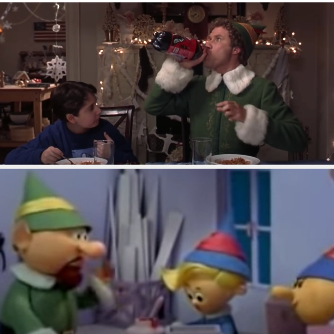 Buddy from &quot;Elf&quot; wearing a very similar outfit to one of the elves from &quot;Rudolph the Red-Nosed Reindeer&quot;