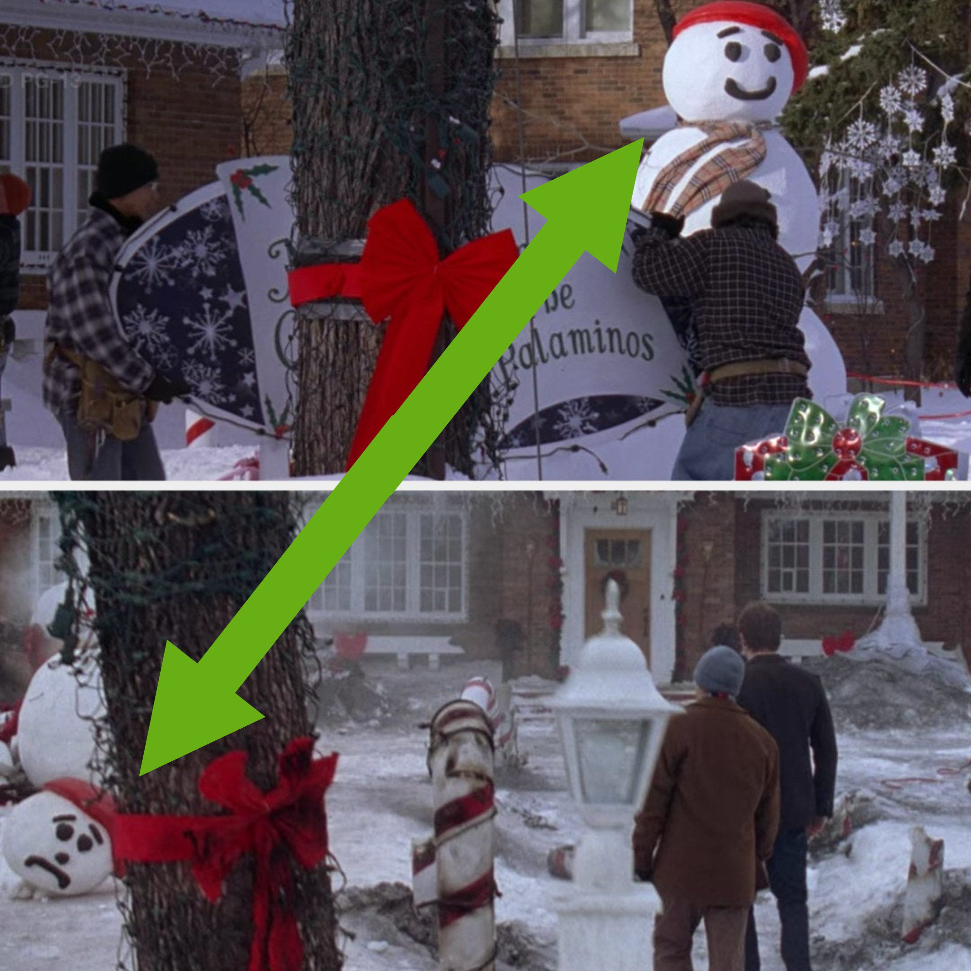 The snowman smiling in the front yard and then the snowman frowning and decapitated in a ruined yard later in the movie