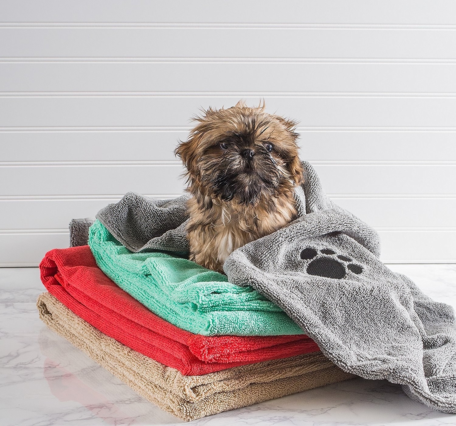 small dog on top of a pile of different colored microfiber towels