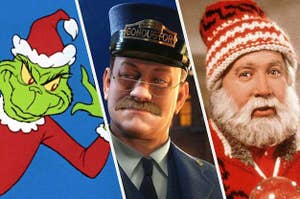 The animated Grinch wearing a Santa costume, the conductor from The Polar Express, and Scott Calvin from The Santa Clause