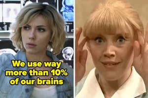 "We use way more than 10% of our brains" with a picture of Scarlett Johansson in Lucy and Kate McKinnon on SNL touching her head