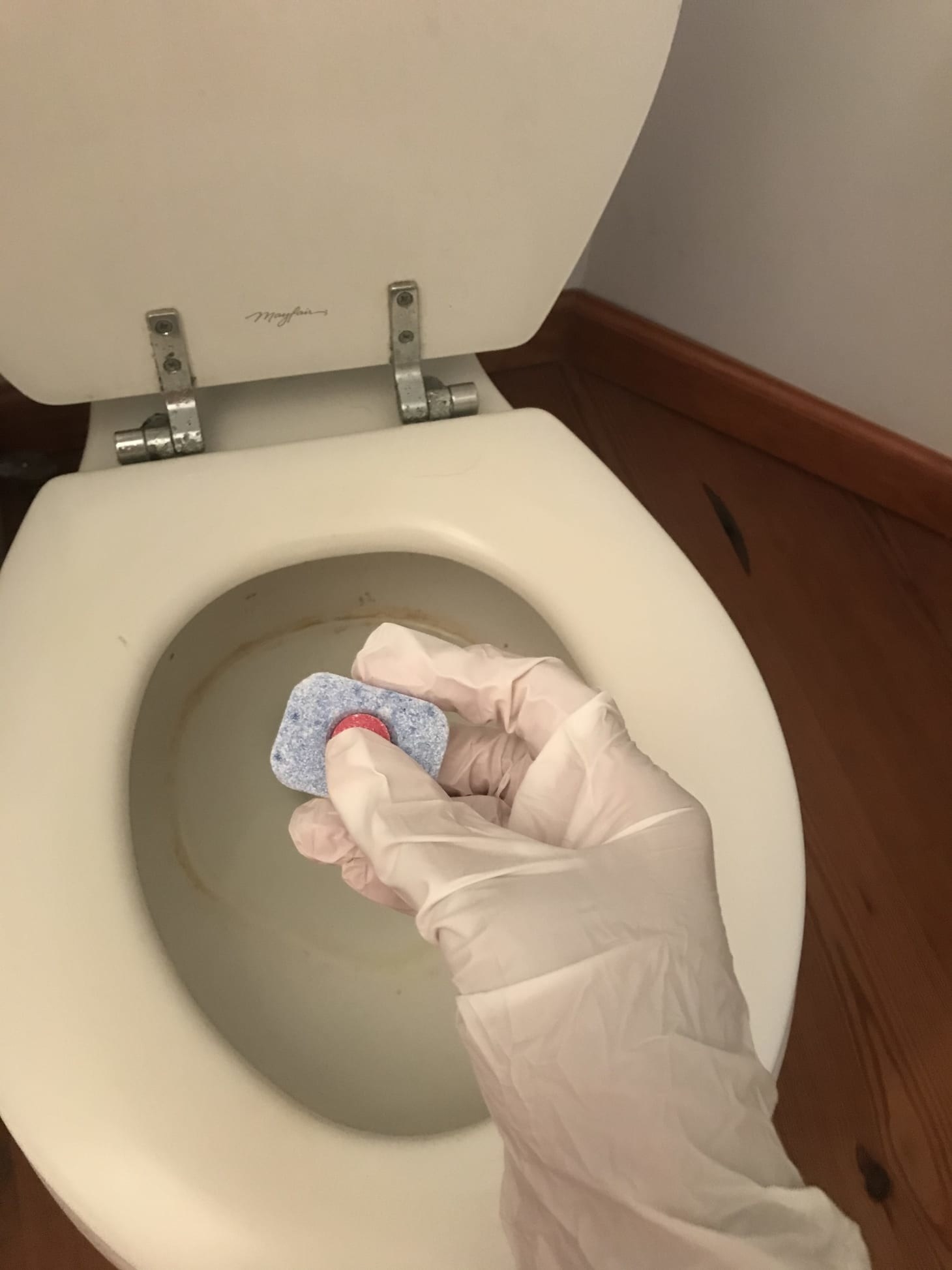 Using a dishwasher tablet to clean toilet bowl