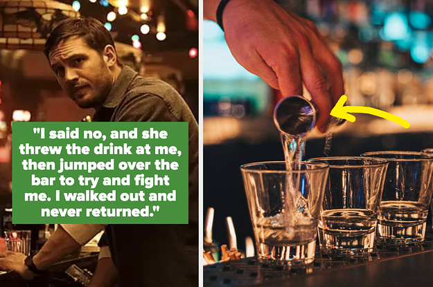 Bartender at bar with caption: "I said no, and she threw the drink at me, jumped over the bar, and tried to fight me. I walked out and never returned" with arrow pointing to someone pouring a shot