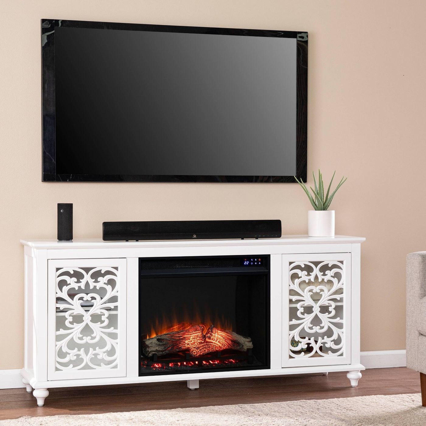 White media console fireplace