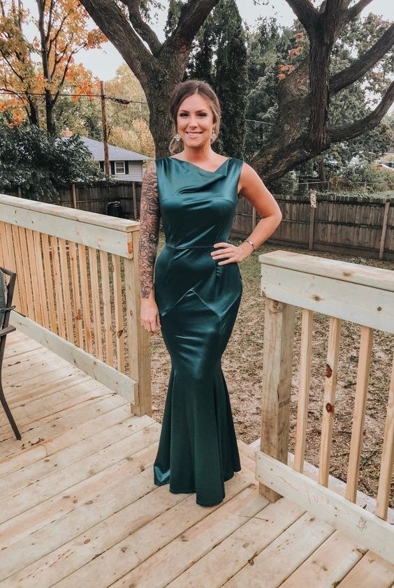 reviewer in the green silky cowl neck mermaid dress