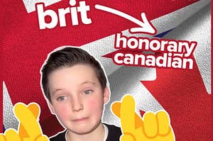 A photo of a kid with crossing fingers emoji cut out on top of a British and UK flag with the text "Brit > Honorary Canadian" above him