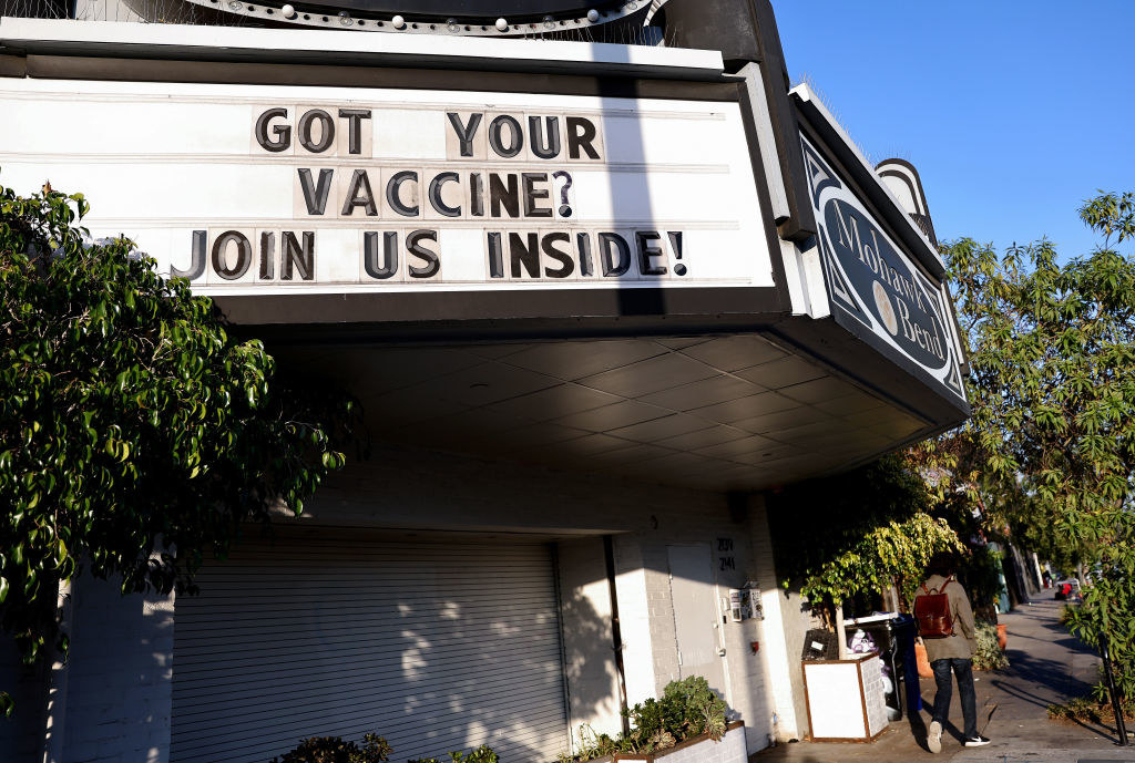 A theater sign that says &quot;Got your vaccine? Join us inside!&quot;