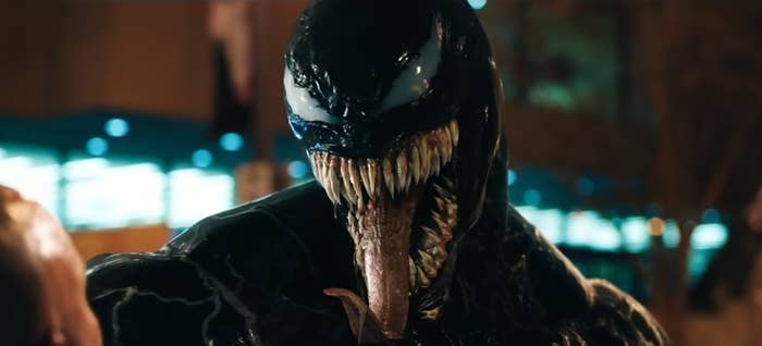 Venom with his long out, preparing to eat someone, in &quot;Venom&quot;