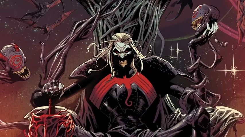 Knull sitting on his throne holding a symbiote head