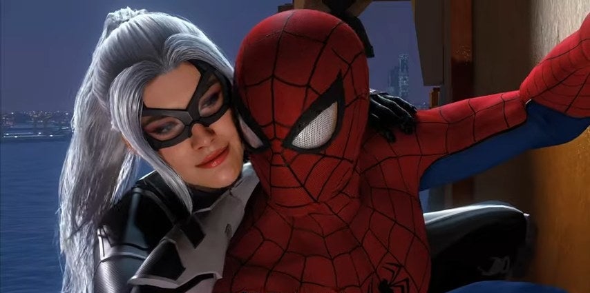 Black Cat hanging on Spider-Man&#x27;s back in &quot;Marvel&#x27;s Spider-Man&quot;