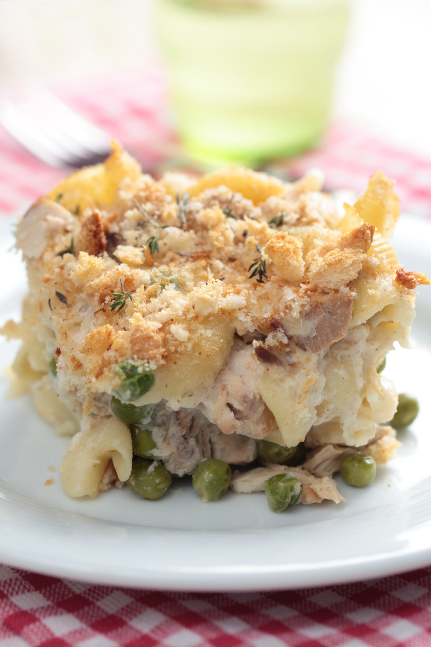 Tuna casserole with pasta and breadcrumbs.